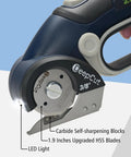 Zeite Deepcut 3/8" Cordless Electric Cardboard Cutter With Led Light And Rechargeable Power showing upgraded HSS blades and button.