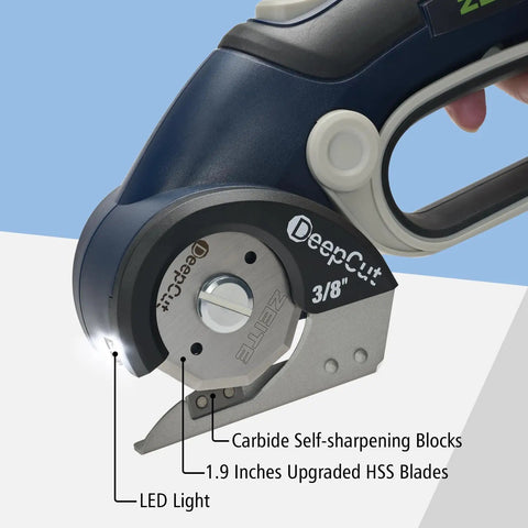 Zeite Deepcut 3/8" Cordless Electric Cardboard Cutter With Led Light And Rechargeable Power showing upgraded HSS blades and button.