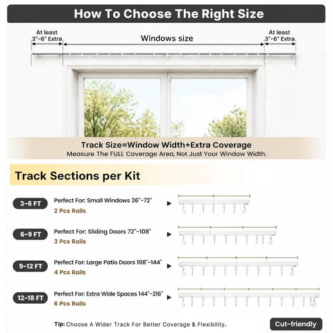 Guide to sizing Durable Aluminum Curtain Track Rod Set With Hooks, No Fuss Adjustable 6Ft To 9Ft Length with coverage instructions