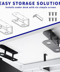 Universal Under Desk Laptop Mount With Adjustable Tablet Brackets For Hidden Computer Docking Station showing under desk installation with brackets.