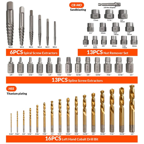 Bolt Extractor Kit With Left Hand Drill Bits And Screw Extractors, 49 Piece Heavy Duty Set For Damaged Nuts And Stripped Screws