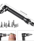 Flexible Drill Bit Extension Set With 105 Degree Right Angle Drill Attachments showing bits and measurements
