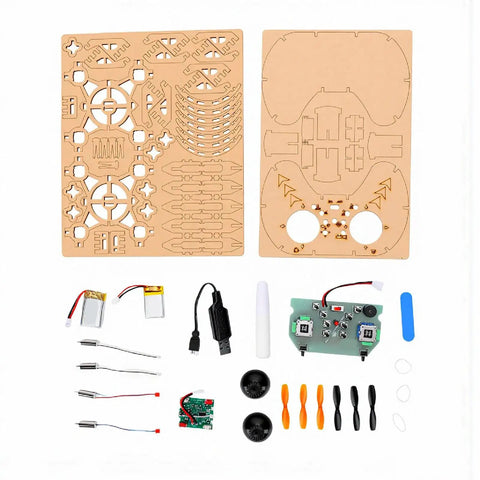 Totally Beginner Friendly Wooden Drone Kit For RC Quadcopter Training Remote Control Flying Toy Assembled Kit For STEM Education In Classroom Or Home Learning With Protective Frame And Emergency Stop parts layout