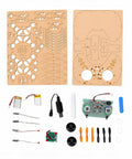 Beginner Friendly DIY Wooden Drone Kit With Full Protective Frame components laid out including wooden parts and electronics.