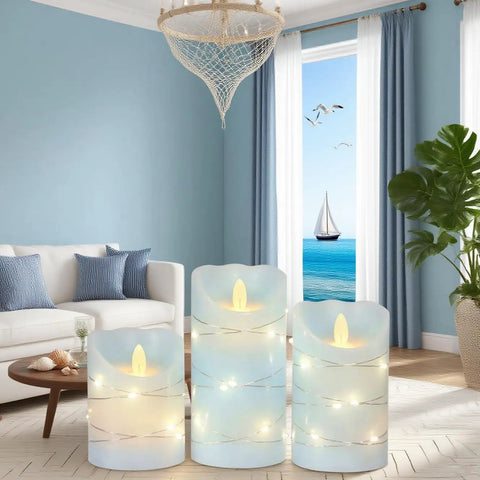 Bunny Flameless Candles With Remote Dope Glass Rabbit LED Candles in a living room, realistic flicker, pack of 3 on a table.