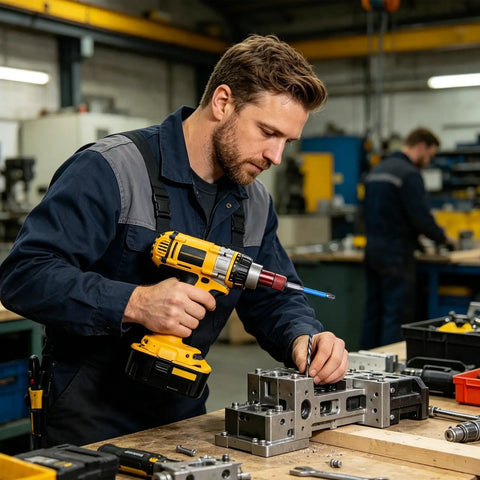 Worker using Self Locking Drill To Angle Grinder Adapter In Carbon Steel For Safe Quick Tool Swaps in metalworking project