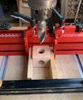 Built Tough Aluminum T Track Table Fence System With Laser Measure For Dead Accurate Miter Saw Cuts And Woodworking Projects On Portable Or Cabinet Saws, close-up of cutting setup.
