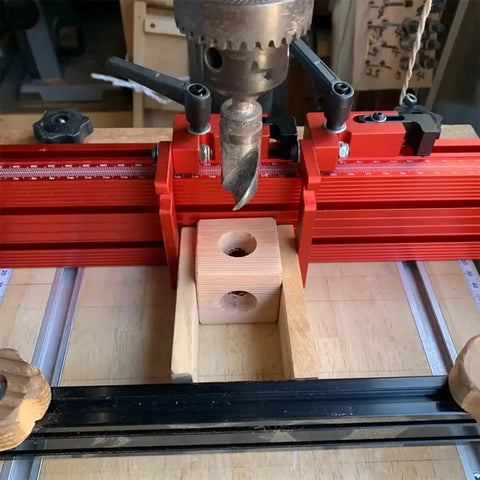 Built Tough Aluminum T Track Table Fence System With Laser Measure For Dead Accurate Miter Saw Cuts And Woodworking Projects On Portable Or Cabinet Saws, close-up of cutting setup.