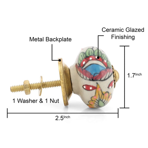 Kick Up Your Space With These Dope Handmade Ceramic Dresser Knobs Featuring A Vibrant Multicolor Leaf Pattern Perfect ForKitchen Cupboards Bedroom Drawers And Furniture Hardware Including Four Sturdy Pulls For Easy Room Refreshes. Side view of a ceramic dresser knob with floral design, measuring 2.5 inches by 1.7 inches.