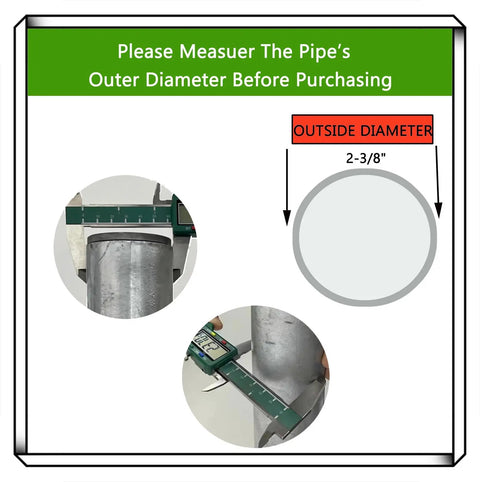 Measurement guide for 2-3/8 Inch Steel To Wood Fence Brackets Kit with 12 pieces and 48 screws, showing pipe diameter