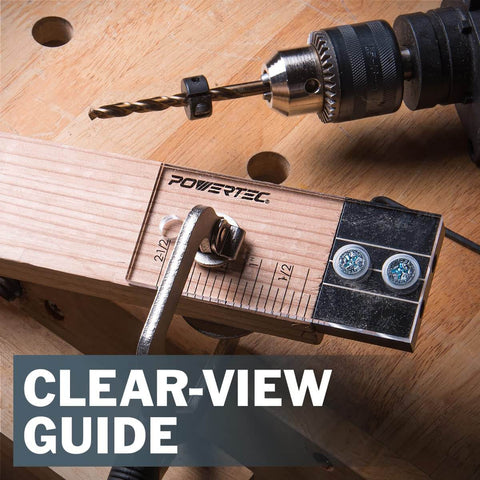 Pro Grade Quarter Inch Doweling Jig Kit With Laser Alignment Marker showing depth scale and attached drill on workbench.