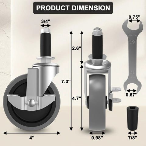 4-inch caster wheels front view with locking brakes and expanding stems (set of 4) for furniture legs