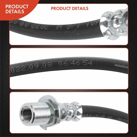Close-up of Front Brake Hydraulic Hose Set Of 2 For Toyota 4Runner 1986 1995, Pickup 1979 1983 1986 1995, T100 1993 1998, Celica 1982 1985 Front Inner Side Replacement featuring black EPDM rubber and metallic fittings.