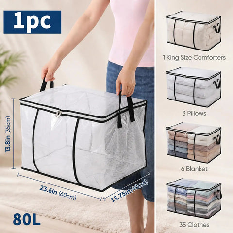 Giant Clear View Storage Bag For Blankets And Comforters Super Spacious Eighty Liter See Through Organizer For Winter Gear And Stuff Heavy Duty Zipper, view of clear storage bag with a person holding it.