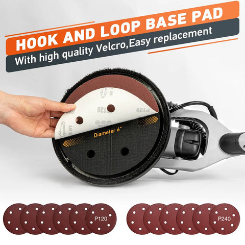 Drywall Sander With 900W Power, 24 Sanding Discs, 6 Speed Settings 1000-1600 RPM with hook and loop base pad system