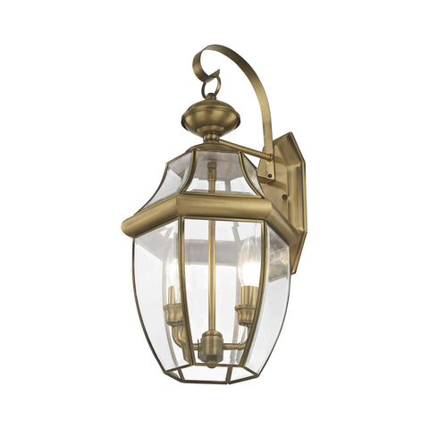 Monterey Two Light Outdoor Antique Brass Finish Solid Brass Wall Lantern with Clear Beveled Glass for classic lighting