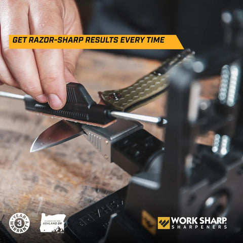 Pro Grade Precision Adjustable Knife Sharpener With 7 Abrasives Including Diamond And Ceramic Leather Strop Beefed Up 15 To 30 Degree Angles Built For Hunting Serrated And Kitchen Knives sharpening a blade on a wooden table.