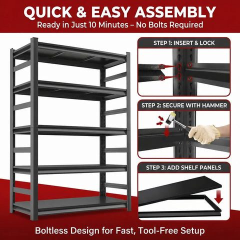 Beefy Heavy Duty Metal Garage Shelving Rack With 3000 Lbs Capacity and anti fall rails, 5-tier, easy setup instructions
