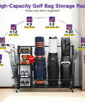 All-In-One Golf Bag Storage Organizer On Wheels, 3-Tier Stand For Home Garage Club Shed Or Basement, Holds 3 Bags, 12 Clubs