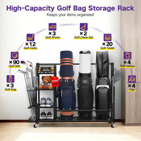 All-In-One Golf Bag Storage Organizer On Wheels, 3-Tier Stand For Home Garage Club Shed Or Basement, Holds 3 Bags, 12 Clubs