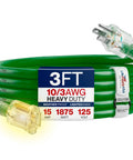 3ft green extension cord 10/3 AWG heavy duty, 15A 125V 1875W, with a lit plug, similar to 100Ft Heavy Duty Extension Cord 10/3 Gauge.