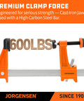 Jorgensen 4-pack steel bar clamps set; orange F-clamps with 6-inch and 12-inch bars, 600 lb load