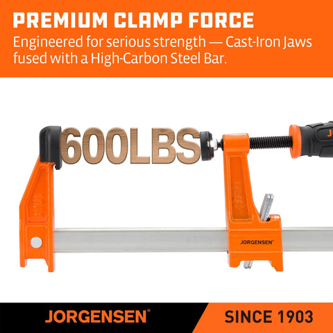 Jorgensen 4-pack steel bar clamps set; orange F-clamps with 6-inch and 12-inch bars, 600 lb load