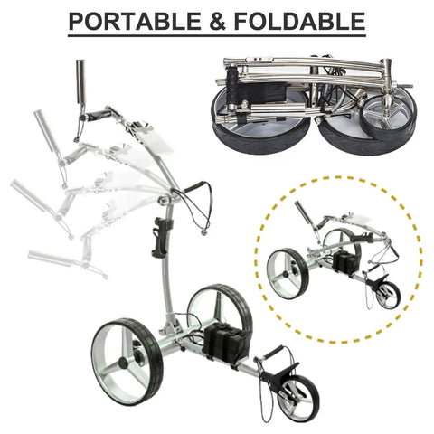 Easy Fold Electric Golf Push Cart With Remote Control And Dual Motor For Casual Rounds On The Links, shown in portable foldable design.