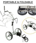 Hassle Free Electric Foldable Golf Cart With Remote Control, portable design with three wheels, stainless steel material, folded position.