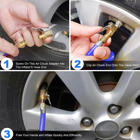 Locking Tire Air Chuck Set With Brass Inflation Hose Adapter clipped to a tire valve stem for secure inflation