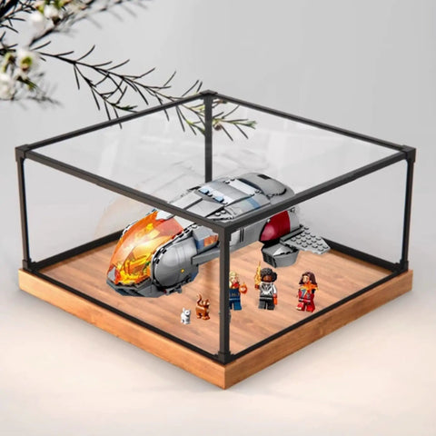 Clear Acrylic Display Case For 76232 Airship Set Dustproof Shield With Wood Grain Base showcasing model inside