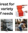 Tough As Nails Heavy Duty 5 Inch Stretch Wrap 12 Pack With Quick Grip Handle 1000 Feet Rolls 80 Gauge Dark Orange Plastic Cling for Moving and Tight Box Sealing, showing uses for shipping, bundling, and moving.