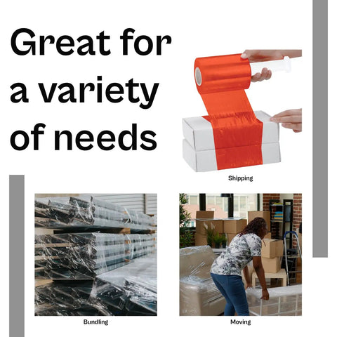 Tough As Nails Heavy Duty 5 Inch Stretch Wrap 12 Pack With Quick Grip Handle 1000 Feet Rolls 80 Gauge Dark Orange Plastic Cling for Moving and Tight Box Sealing, showing uses for shipping, bundling, and moving.