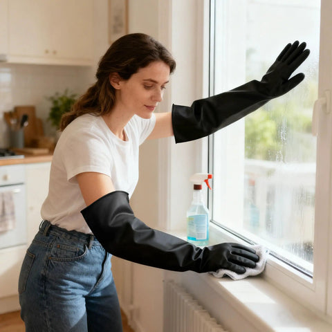Woman using Heavy Duty Chemical Resistant Rubber Gloves With Killer Anti Slip Grip Long Cuff for cleaning window.