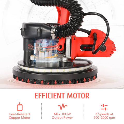 800W Electric Drywall Sander With Vacuum Attachment And Lights, Dust Collector, Six Speed Control, ergonomic design