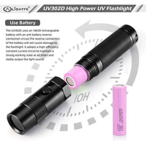Ultra High Power 365nm UV Flashlight With LG LED Source And Black Filter Lens 3000mW Max Output showing battery installation