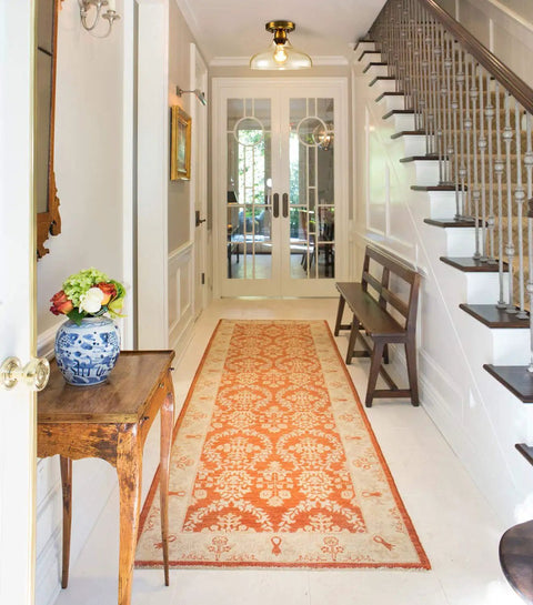 Hallway with Modern Glass Semi Flush Mount Ceiling Light In Brass Finish With Handblown Glass Shade for a sleek chic vibe