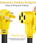 20 Foot EV Charger Adapter Cord From NEMA 14-30P To 14-50R 4 Prong shown with ergonomic yellow handles