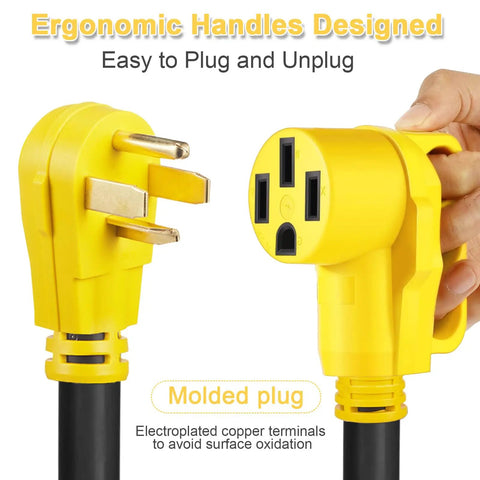 20 Foot EV Charger Adapter Cord From NEMA 14-30P To 14-50R 4 Prong shown with ergonomic yellow handles