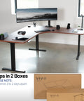 VIVO Corner Standing Desk In Dark Walnut L Shaped Electric Height Adjustable Workstation with dual monitors setup and accessories.