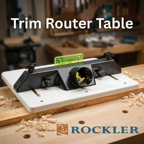 Pro Grade Adjustable Trim Router Table For Woodworking with high visibility bit guard and pre-drilled back holes on workbench.