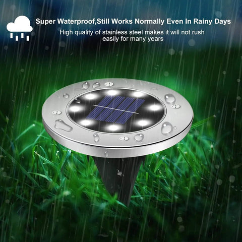Solar Outdoor 8 LED Ground Lights For Pathway And Garden Waterproof Landscape Lights under rain, stainless steel, close-up