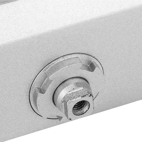 Close-up of Heavy Duty Adjustable Door Closer With Hold Open For 25-35 Kg Doors, Silver Finish, metal component detail