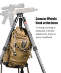 Solid 75 Mm Leveling Half Ball Adapter With Fast Turn Lever Lock on tripod with counter weight hook supporting a backpack.