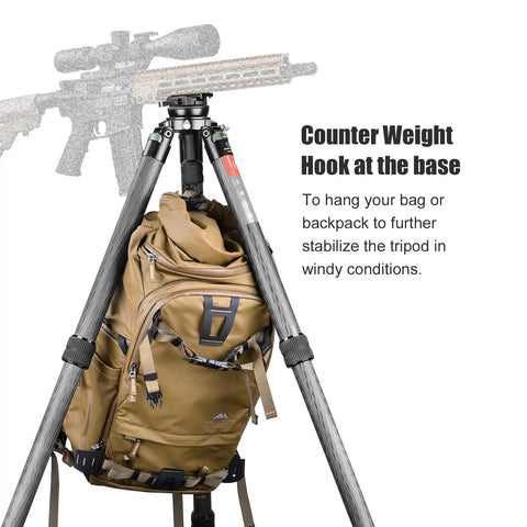 Solid 75 Mm Leveling Half Ball Adapter With Fast Turn Lever Lock on tripod with counter weight hook supporting a backpack.