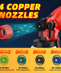 Pro Grade Cordless Paint Sprayer With Four Solid Copper Nozzles And A Bright Digital Display To Crush Any Home Reno Job Quick On 18v Tool Batteries Sold As Tool Only showing nozzle sizes for different jobs.