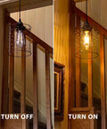 Super Lit Battery Operated Hanging Chandelier Crafted From Twisted Copper And Glowing Gold Beads 5By6 Inch Pendant Lamp turned on and off view by stair railing.