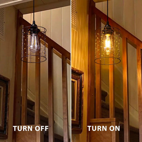 Super Lit Battery Operated Hanging Chandelier Crafted From Twisted Copper And Glowing Gold Beads 5By6 Inch Pendant Lamp turned on and off view by stair railing.