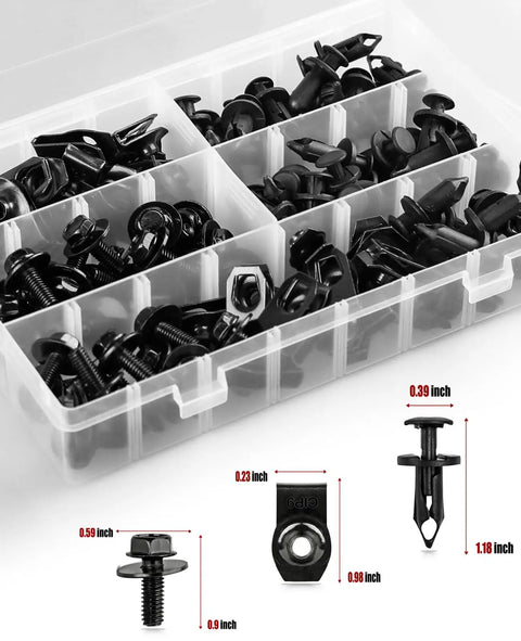 80-Piece Universal Engine Splash Shield Fastener Kit with screws, bumper clips, push pins, rivets, bolts, in compartmentalized box