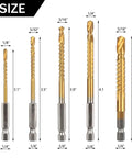 Five-piece Titanium Coated HSS Twist Drill Bit Set for Woodworking with Hex Shank, sizes 1/8 in, 5/32 in, 3/16 in, 1/4 in, 5/16 in shown